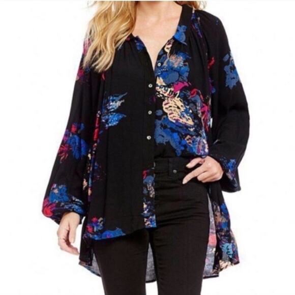Free People Meadow Lark Tunic Blouse Boho Black Floral Print Women's S Button Up - Picture 11 of 12